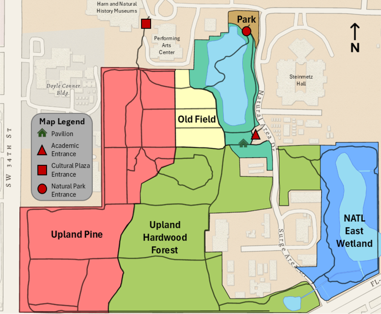 a map of the natural area with all entrances marked in red